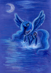 Size: 1396x2000 | Tagged: safe, artist:zarielcharoitite, princess luna, g4, female, moon, night, solo, spread wings, traditional art, water