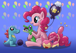 Size: 2731x1912 | Tagged: safe, artist:cybertoaster, gummy, pinkie pie, drifloon, skitty, totodile, g4, crossover, poké ball, pokémon