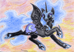 Size: 2472x1739 | Tagged: safe, artist:darkcherry87, nightmare moon, g4, female, grin, solo, traditional art