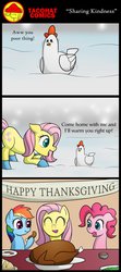 Size: 596x1341 | Tagged: safe, artist:10art1, fluttershy, pinkie pie, rainbow dash, chicken, earth pony, pony, g4, ass up, chicken meat, comic, cooked, cute, dead, death, eyes closed, female, food, mare, ponies eating meat, thanksgiving, wingless
