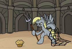 Size: 853x579 | Tagged: safe, artist:sirvalter, derpy hooves, pegasus, pony, g4, female, gladiator, mare, muffin, net, solo, trident