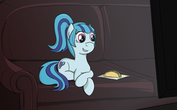 Size: 1920x1200 | Tagged: safe, artist:sirvalter, sonata dusk, earth pony, pony, g4, couch, cute, equestria girls ponified, female, happy, lying, napkin, ponified, solo, sonatabetes, sonataco, taco, watching tv