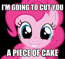 Size: 625x574 | Tagged: source needed, useless source url, safe, pinkie pie, earth pony, pony, g4, bait and switch, black background, cake, cute, female, grin, image macro, joke, looking at you, mare, meme, simple background, smiling, solo