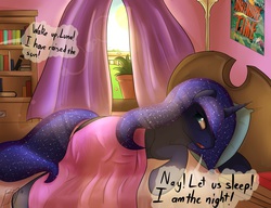 Size: 2600x2000 | Tagged: safe, artist:bigmuffintosh, princess luna, g4, adventure time, bed, female, high res, i am the night, male, morning, solo