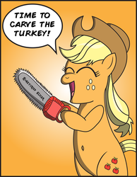 Size: 2577x3327 | Tagged: safe, artist:saburodaimando, applejack, earth pony, pony, g4, belly button, bipedal, chainsaw, female, high res, mare, solo, thanksgiving, this will end in tears