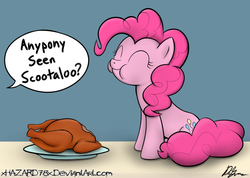 Size: 1001x711 | Tagged: safe, artist:xhazard78x, pinkie pie, earth pony, pony, g4, chewing, chicken meat, cooked, dead, dialogue, eating, eyes closed, female, food, implied cannibalism, implied death, implied hard vore, implied scootachicken, implied scootaloo, mare, meat, offscreen character, ponies eating meat, scootachicken, sitting, solo, text, thanksgiving