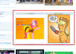 Size: 673x477 | Tagged: safe, applejack, pinkie pie, turkey, derpibooru, g4, chainsaw, exploitable meme, juxtaposition, juxtaposition win, meme, meta, thanksgiving