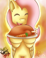 Size: 1945x2449 | Tagged: safe, artist:arties-paint-game, fluttershy, pegasus, pony, turkey, g4, bipedal, carrot, cooked, dead, eyes closed, female, food, mare, meat, ponies eating meat, smiling, solo, thanksgiving