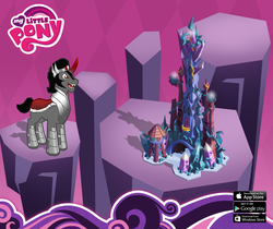 Size: 940x788 | Tagged: safe, gameloft, king sombra, pony, unicorn, g4, official, colored horn, curved horn, female, horn, male, mare, my little pony logo, solo, sombra horn, stallion