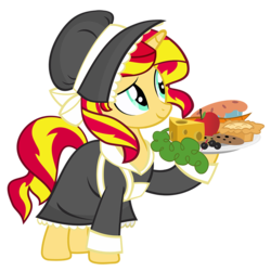 Size: 900x900 | Tagged: safe, artist:pixelkitties, sunset shimmer, pony, unicorn, g4, apple, bonnet, cheese, clothes, dress, female, food, maid, olive, pie, pilgrim outfit, simple background, solo, thanksgiving, transparent background, vector