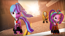 Size: 1024x576 | Tagged: safe, artist:xxthepegasisterxx, adagio dazzle, aria blaze, sonata dusk, pony, g4, 3d, equestria girls ponified, ponified, roller skates, source filmmaker, the dazzlings