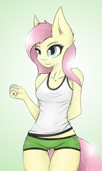 Size: 821x1374 | Tagged: safe, artist:ninjapony, fluttershy, anthro, g4, clothes, female, gradient background, solo, sports shorts, tank top, underass