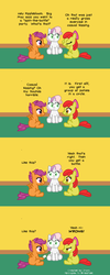Size: 640x1600 | Tagged: safe, artist:jryvn, apple bloom, scootaloo, sweetie belle, earth pony, pegasus, pony, unicorn, g4, bloom county, comic, cutie mark crusaders, female, filly, sitting, spin the bottle, unamused
