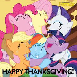 Size: 550x550 | Tagged: safe, applejack, fluttershy, pinkie pie, rainbow dash, rarity, twilight sparkle, g4, official, discovery family, discovery family logo, group hug, mane six, thanksgiving