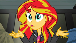 Size: 1920x1080 | Tagged: safe, screencap, sunset shimmer, equestria girls, g4, my little pony equestria girls: rainbow rocks, discovery family, discovery family logo, female, shrug, shrugset shimmer, solo