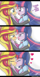 Size: 708x1374 | Tagged: safe, artist:the-butch-x, sunset shimmer, twilight sparkle, equestria girls, g4, 3 panel comic, comic, crying, cute, duo, female, kiss on the lips, kissing, lesbian, letterboxing, shimmerbetes, ship:sunsetsparkle, shipping, tears of joy, twiabetes, twilight sparkle (alicorn)