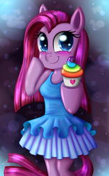 Size: 750x1200 | Tagged: safe, artist:leffenkitty, pinkie pie, earth pony, anthro, semi-anthro, fanfic:cupcakes, g4, arm hooves, breasts, clothes, cupcake, dress, female, hooves, pinkamena diane pie, pinkarina, rainbow cupcake, smiling, solo