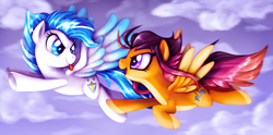 Size: 2284x1136 | Tagged: safe, artist:alicornparty, oc, oc only, oc:racing light, oc:shimmering shield, pegasus, pony, female, flying, mare