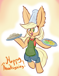 Size: 700x900 | Tagged: safe, artist:heir-of-rick, applejack, earth pony, pony, semi-anthro, daily apple pony, g4, apron, bipedal, chef's hat, clothes, ear fluff, food, hat, impossibly large ears, thanksgiving