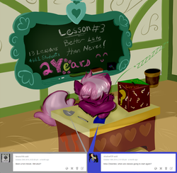 Size: 924x900 | Tagged: safe, artist:frist44, cheerilee, g4, ask, box, chalkboard, cheerilee-s-chalkboard, fluffy, followers, sleeping, tumblr