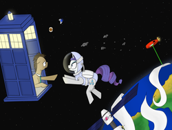 Size: 1024x768 | Tagged: safe, artist:weronika2808, doctor whooves, rarity, time turner, alien, earth pony, pony, unicorn, g4, astronaut, doctor who, gravity, orbit, space, space core, spacesuit, tardis, the doctor, wheatley