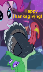 Size: 306x514 | Tagged: safe, screencap, gummy, pinkie pie, pony, turkey, filli vanilli, g4, animal, caption, cropped, eat, eating, female, mare, open mouth, pet, thanksgiving