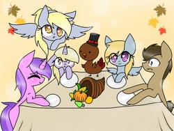 Size: 1024x768 | Tagged: safe, artist:twinkiepie19, amethyst star, chirpy hooves, derpy hooves, dinky hooves, doctor whooves, sparkler, time turner, pegasus, pony, turkey, g4, autumn leaves, chirpabetes, cornucopia, cute, female, food, hat, hooves family, leaves, mare, plate, question mark, table, thanksgiving, top hat