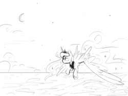 Size: 1280x968 | Tagged: safe, artist:darkflame75, princess luna, lunadoodle, g4, female, flying, monochrome, moon, ocean, solo