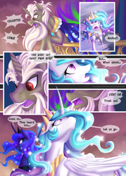 Size: 1100x1535 | Tagged: safe, artist:falleninthedark, discord, princess celestia, princess luna, alicorn, pony, unicorn, comic:twists and turns, g4, beard, comic, curved horn, discord is star swirl, facial hair, horn