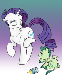 Size: 1200x1500 | Tagged: safe, artist:kianamai, artist:mutant-girl013, color edit, edit, rarity, oc, oc:turquoise blitz, dracony, hybrid, kilalaverse, g4, baby, baby bottle, colored, foal, interspecies offspring, next generation, offspring, parent:rarity, parent:spike, parents:sparity