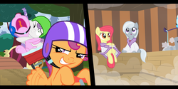 Size: 2400x1200 | Tagged: safe, artist:facelessjr, apple bloom, diamond tiara, scootaloo, silver spoon, sweetie belle, g4, a mile in my horseshoes, accessory swap, alternate hairstyle, bandana, bathrobe, braid, clothes, cutie mark crusaders, d:, grin, helmet, letterboxing, loose hair, mirror, missing accessory, open mouth, robe, role reversal, sauna, scared, scooter, screaming, sitting, smiling, spa, squishy cheeks, steam, story included, wagon, wide eyes