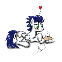 Size: 300x300 | Tagged: safe, artist:derpyhooves560, soarin', g4, backwards cutie mark, blushing, heart, male, old cutie mark, pie, prone, solo, that pony sure does love pies