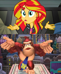 Size: 1280x1558 | Tagged: safe, screencap, sunset shimmer, equestria girls, g4, my little pony equestria girls: rainbow rocks, comparison, donkey kong, donkey kong country, female, shrug, shrugset shimmer, solo, super smash bros.