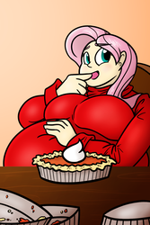 Size: 1000x1500 | Tagged: safe, artist:bigponiesinc, fluttershy, human, bbw, belly, breasts, clothes, fat, fattershy, female, humanized, no source available, obese, pumpkin pie, solo, stuffing, sweater, sweatershy