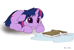 Size: 943x638 | Tagged: safe, artist:i am nude, twilight sparkle, pony, unicorn, book, bookhorse, crying, cute, double whammy, drawthread, female, filly, floppy ears, frown, oh it is sad day, prone, puddle, sad, sadorable, simple background, twiabetes, unicorn twilight, water, wavy mouth, wet, white background, younger
