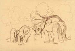 Size: 900x609 | Tagged: safe, artist:ellis1342, artist:ellisarts, big macintosh, fluttershy, earth pony, pony, g4, butt, flower, male, monochrome, plot, ship:fluttermac, shipping, sketch, stallion, straight, tree