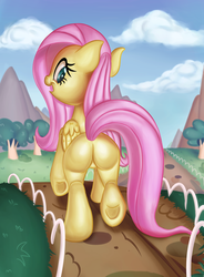 Size: 2202x3000 | Tagged: safe, artist:discorded, fluttershy, pegasus, pony, g4, butt, featureless crotch, female, flutterbutt, high res, looking back, plot, solo, underhoof, walking