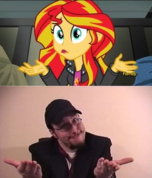 Size: 1280x1492 | Tagged: safe, screencap, sunset shimmer, equestria girls, g4, my little pony equestria girls: rainbow rocks, doug walker, nostalgia critic, shrug, shrugset shimmer