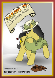 Size: 2667x3716 | Tagged: safe, artist:fatponysketches, daring do, pegasus, pony, g4, arrow, belly, book cover, chubby, clothes, daring dollop, dart, fat, hat, headlamp, high res, overweight, parody, pith helmet, saddle bag, scroll, shirt, tight clothing, weight gain