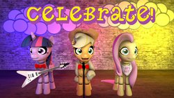 Size: 1191x670 | Tagged: safe, applejack, fluttershy, twilight sparkle, alicorn, pony, five nights at aj's, g4, 3d, applefreddy, female, five nights at freddy's, flutterchica, gmod, looking at you, mare, party, poster, sandwich, show stage, source filmmaker, stage, twibon, twilight sparkle (alicorn)