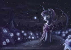 Size: 3508x2480 | Tagged: safe, artist:plainoasis, princess luna, alicorn, pony, g4, alternate hairstyle, bioluminescent, clothes, dress, female, flower, garden, glowing, high res, horn, jewelry, mare, night, path, plant, scenery, snow, solo, starry night, trail, tree