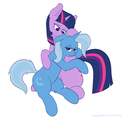 Size: 1280x1229 | Tagged: safe, artist:staggeredline, trixie, twilight sparkle, pony, unicorn, g4, female, hug, lesbian, mare, ship:twixie, shipping