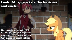 Size: 1280x720 | Tagged: safe, applejack, g4, apple, crossover, image macro, implied apples, kyoko sakura, meme, photoshop, puella magi madoka magica, text edit, unamused