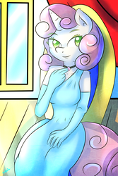 Size: 1280x1920 | Tagged: safe, artist:wolfy-pony, sweetie belle, anthro, g4, beautiful, bedroom eyes, clothes, cute, dress, evening gloves, horn, older, pendant, pony ears