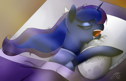 Size: 2712x1748 | Tagged: safe, artist:iraincloud, princess luna, pony, lunadoodle, g4, bed, drool, female, majestic as fuck, moon plushie, plushie, sleeping, snoring, solo