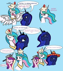 Size: 1271x1440 | Tagged: safe, artist:iraincloud, artist:zicygomar, edit, princess cadance, princess celestia, princess luna, alicorn, chicken, pony, g4, blue background, colored, comic, dialogue, eyes closed, female, frying pan, funny, hat, hilarious in hindsight, looking at each other, mare, meme, open mouth, scootachicken, serious hat, sibling teasing, sillestia, silly, silly pony, simple background, sombrero, speech bubble, trollestia