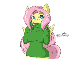 Size: 1017x786 | Tagged: safe, artist:comet0ne, artist:teacozy1, fluttershy, anthro, g4, bottomless, breasts, busty fluttershy, clothes, cute, female, heart, heart eyes, looking at you, shyabetes, signature, smiling, solo, sweatershy, wingding eyes