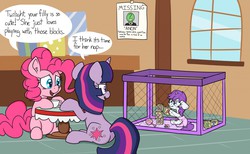 Size: 1280x791 | Tagged: safe, artist:skitter, pinkie pie, twilight sparkle, oc, oc:anon, earth pony, pony, unicorn, g4, age regression, blocks, cute, diaper, female, filly, foal, human to pony, male to female, playpen, poofy diaper, rule 63, sweat, transformation, transgender transformation, unicorn twilight