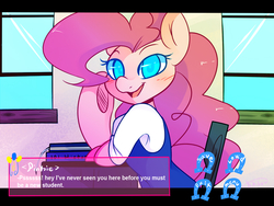 Size: 1024x768 | Tagged: safe, artist:kikiluv17, pinkie pie, g4, blushing, colored pupils, dating sim, dialogue, female, school, solo