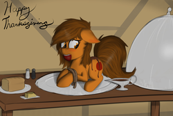 Size: 1280x853 | Tagged: safe, artist:marsminer, oc, oc only, oc:venus spring, earth pony, pony, blushing, bread, butter, cloche, female, fetish, food, gravy, imminent vore, mare, person as food, rope, thanksgiving, tied up